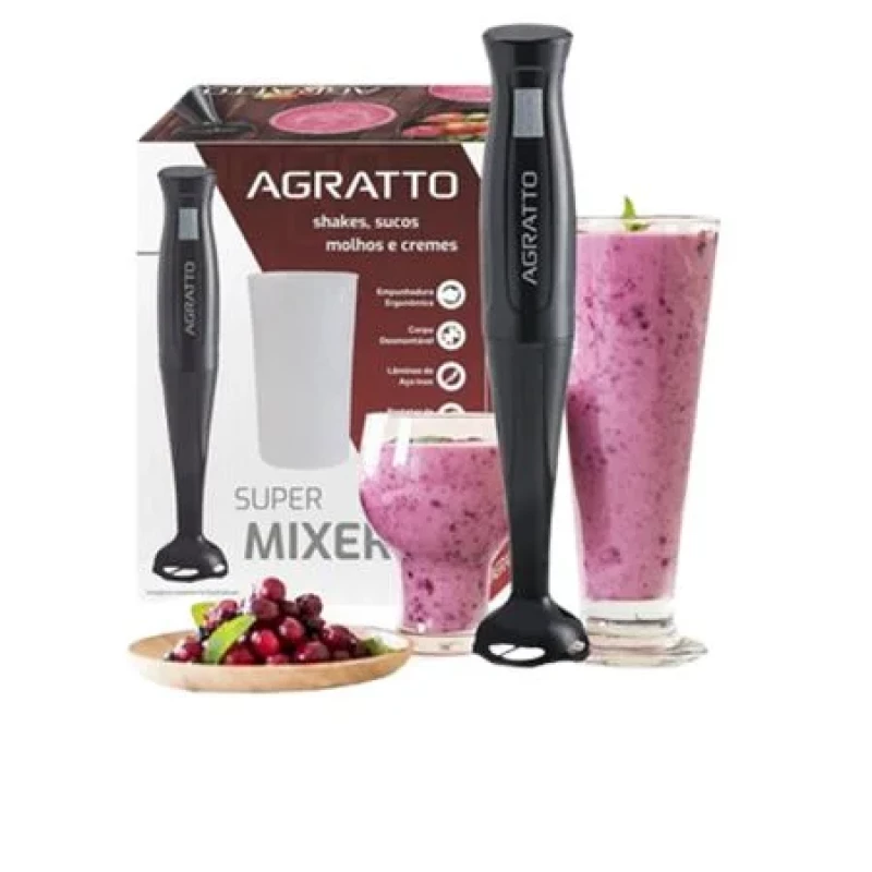 Mixer Elétrico Portátil com Copo Misturador Shake Suco Molho Creme Preto Agratto Mx Super