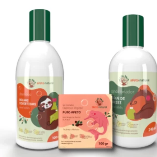Kit Banho Infantil Hipoalergênico Shampoo 300ml Condicionador 240ml Sabonete Vegetal em Barra 100g Puro Afeto