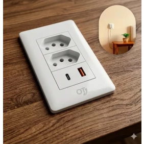 Foto Tomada Dupla Parede Usb Tipo C 10a Bivolt 4x2 + Espelho O.t