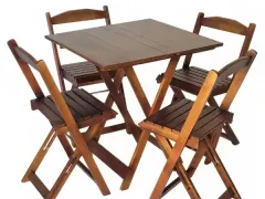 Mesa Dobrável 70x70 Tampo Madeira 4 Cadeiras Dobrável Retrátil Imbuia.