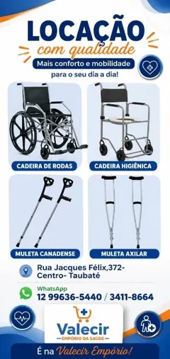Aluguel de Cadeira de Rodas e de Banho, Muletas